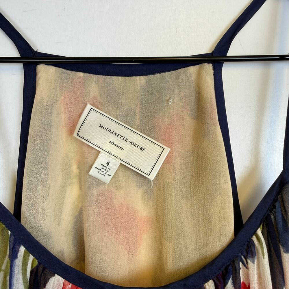 Mouliette Soeurs Anthropologie 100% Silk Mini Floral Dress Beige Blue - 4 - Picture 3 of 9